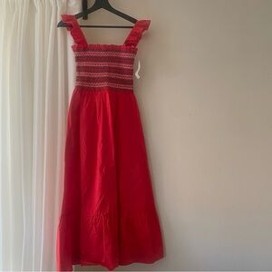 Moodie Aubery Smocked Twill Midi Red Dress
